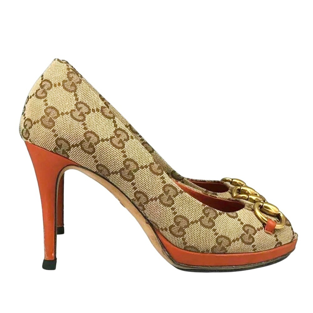 Gucci GG Canvas Horsebit Peep Toe Heels Pumps Size 36